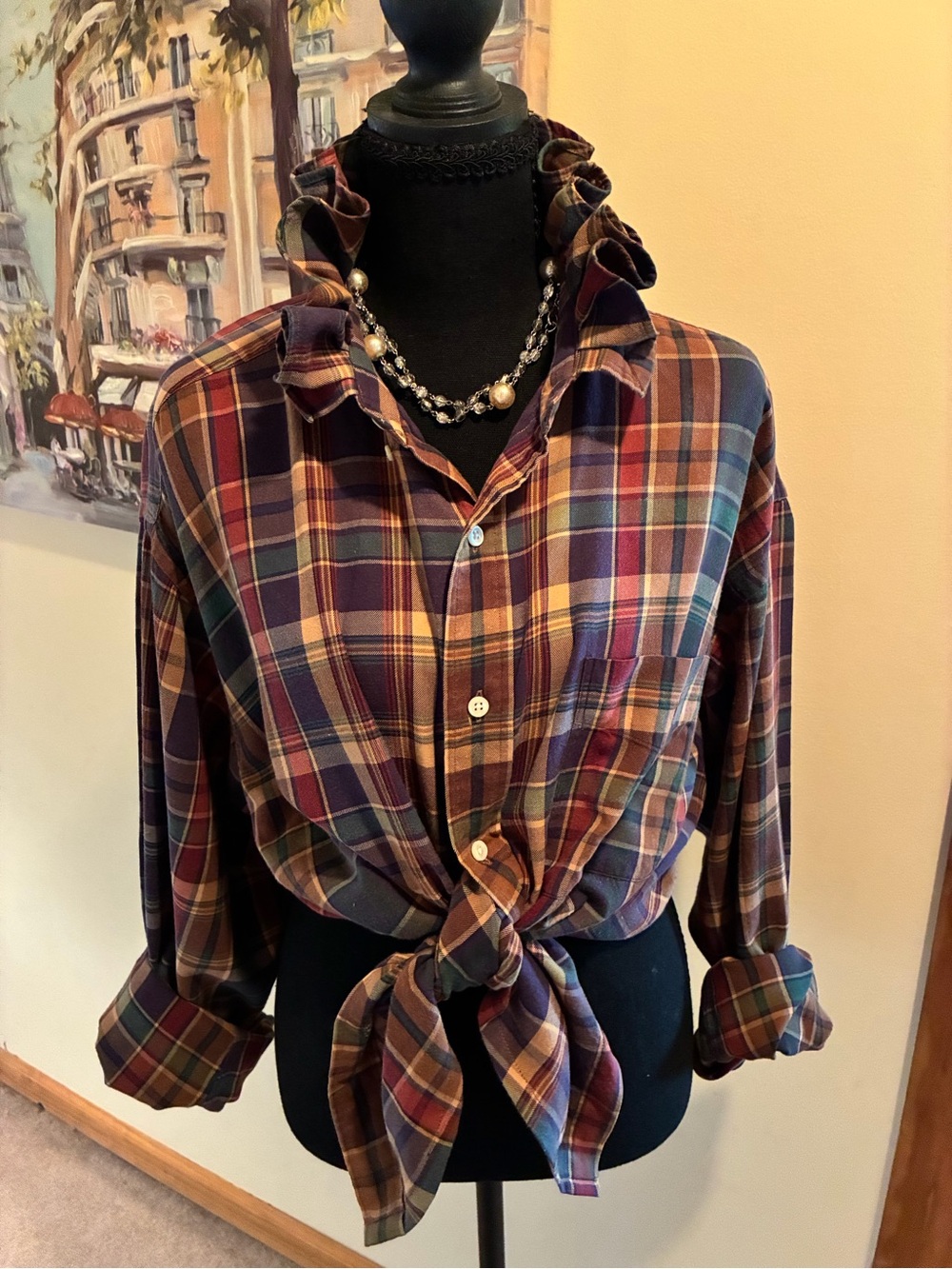 Ralph Lauren Burgundy Multi Plaid Tie-Front Button Down Shirt